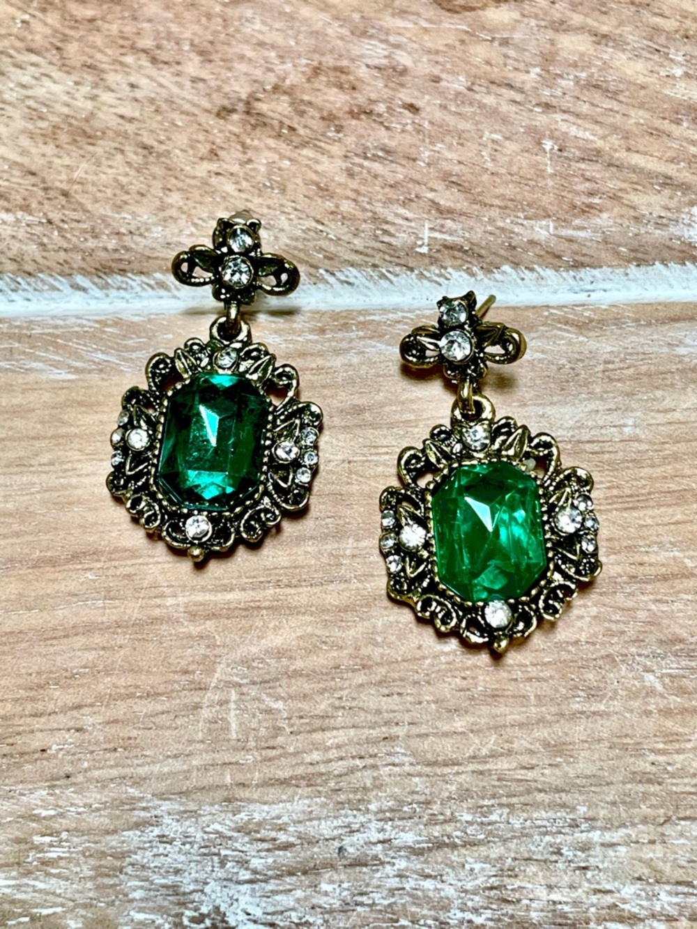 Antique Gold-Tone Green Crystal Drop Earrings with Clear Crystal Accents